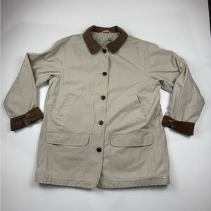LL Bean Womens Chore Barn Field Coat Canvas Beige Flannel Lined Large Adirondack